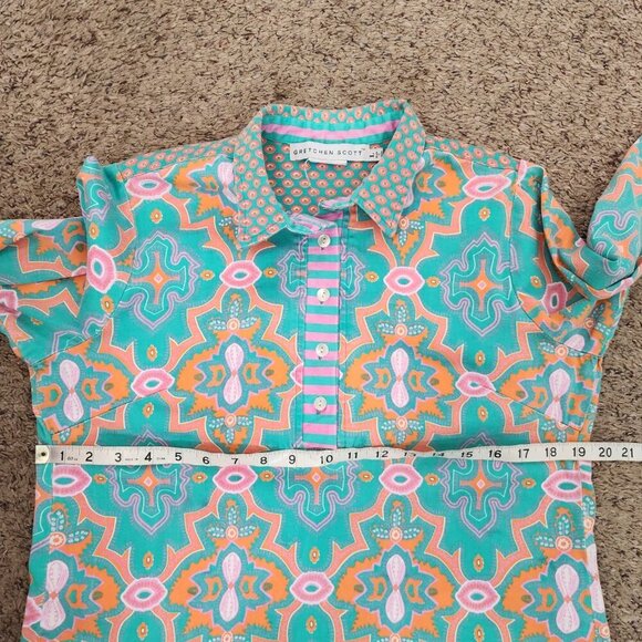 Gretchen Scott Bright Mixed Print Partial Button Front 3/4 Sleeve Popover Top L - Picture 8 of 9